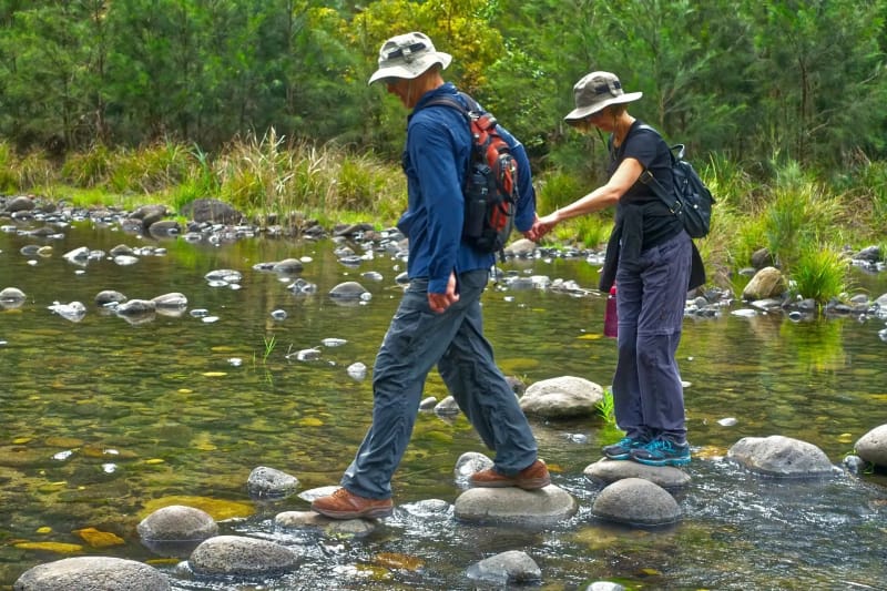 Stream crossing hikers
